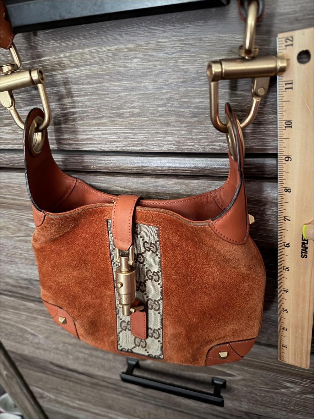 Gucci Orange Suede & GG Canvas Shoulder Bag with Tan Leather Trim - Picture 6 of 12